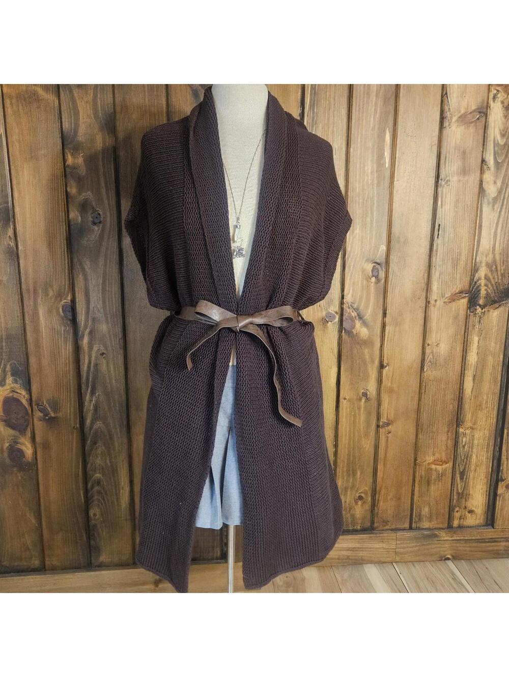 Leather Belted Brown Cotton Knit Cardigan Medium Loft